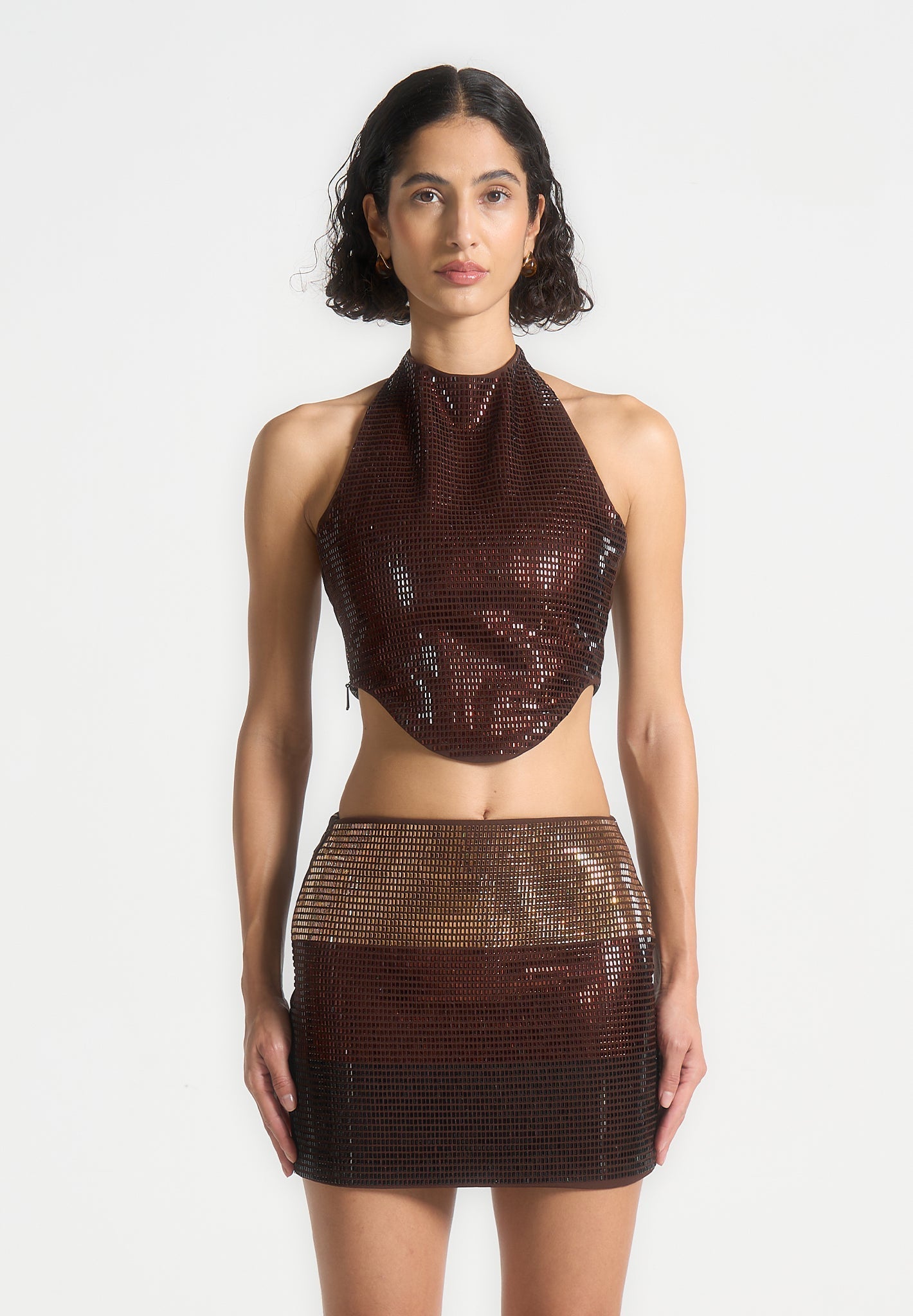 Rhinestone Ombre Halterneck Top - Brown/Gold