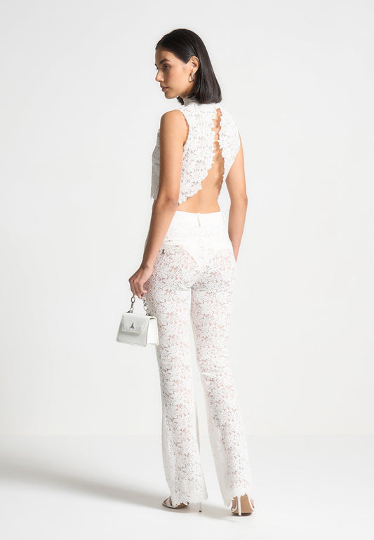 Lace Open Back Top - White