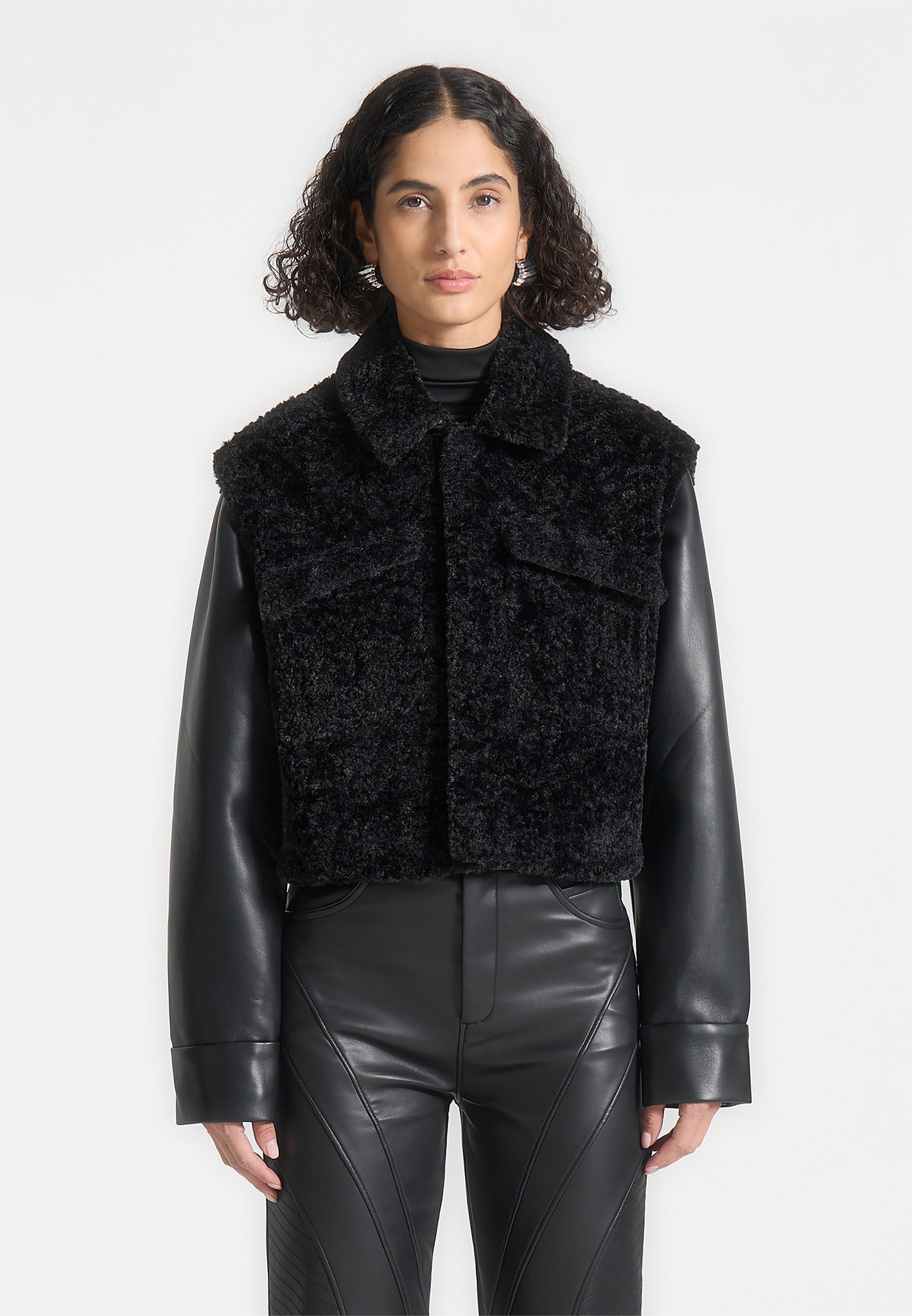 Plush Jacket With Leather Sleeves - Black