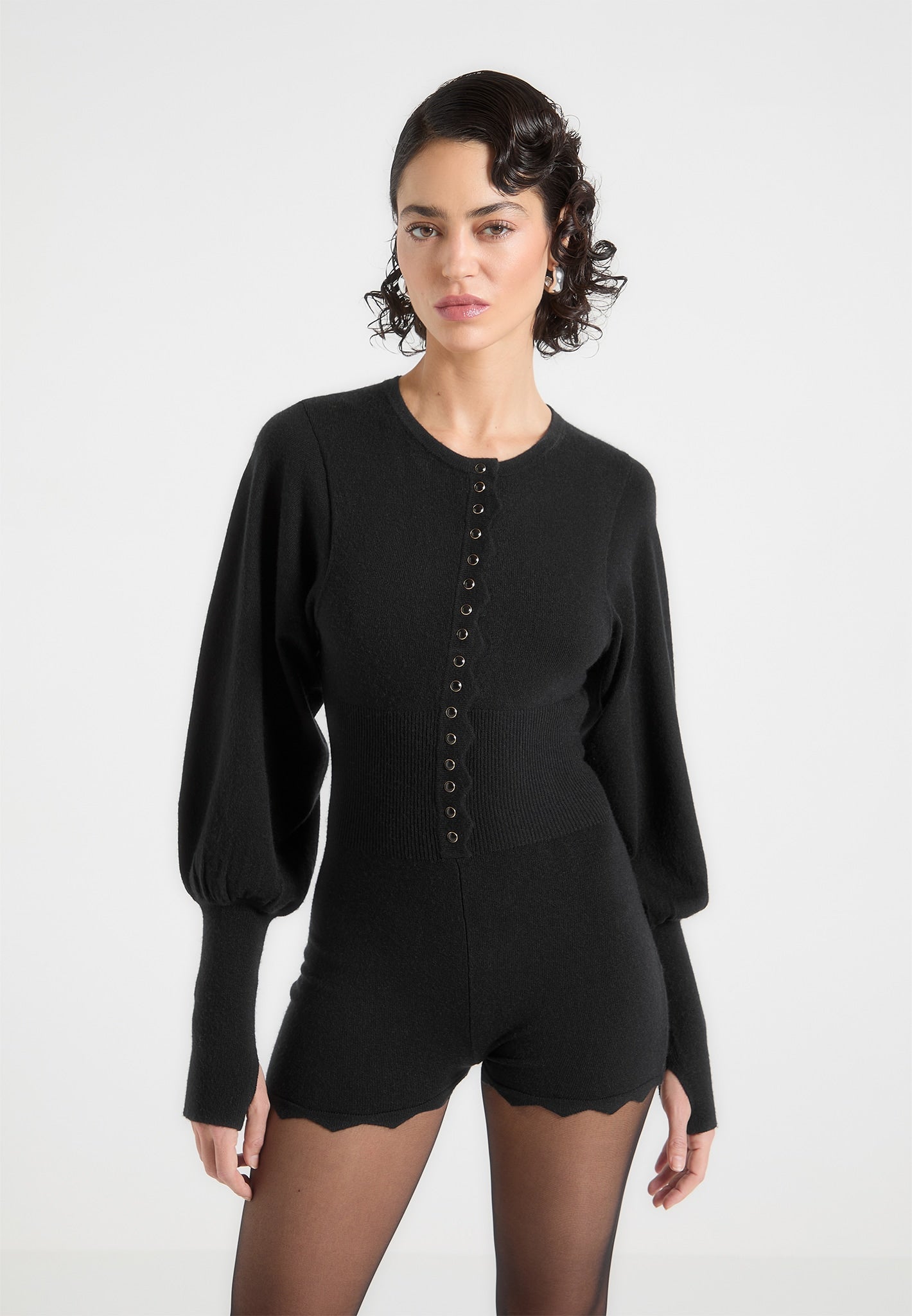 Knitted Scallop Hem Playsuit - Black