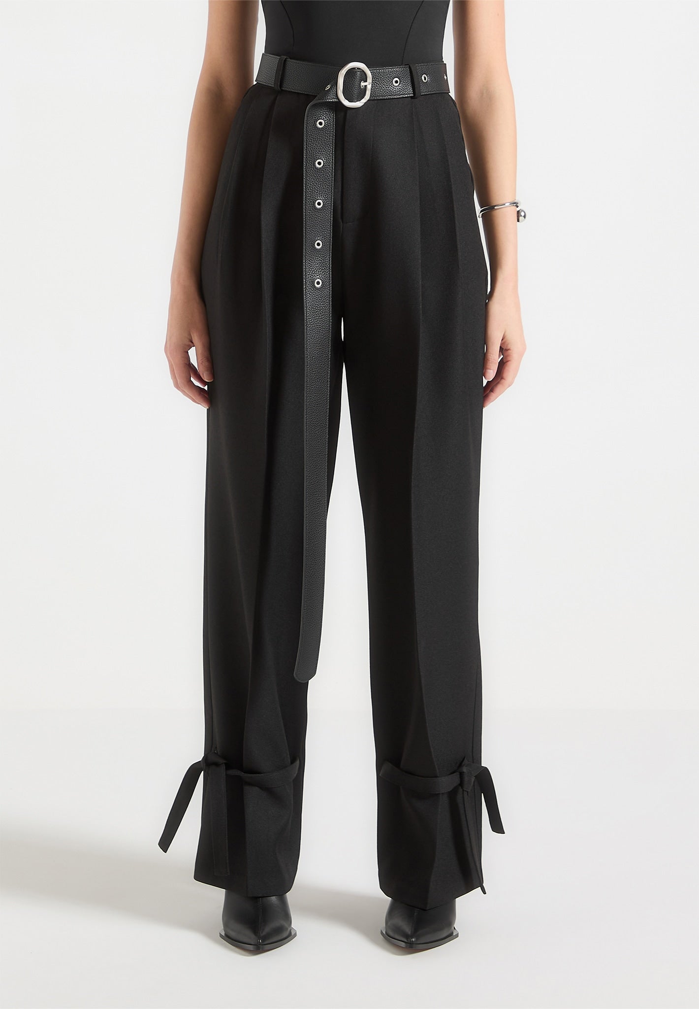 Tailored Trousers with Oversized Belt and Ankle Ties - Black
