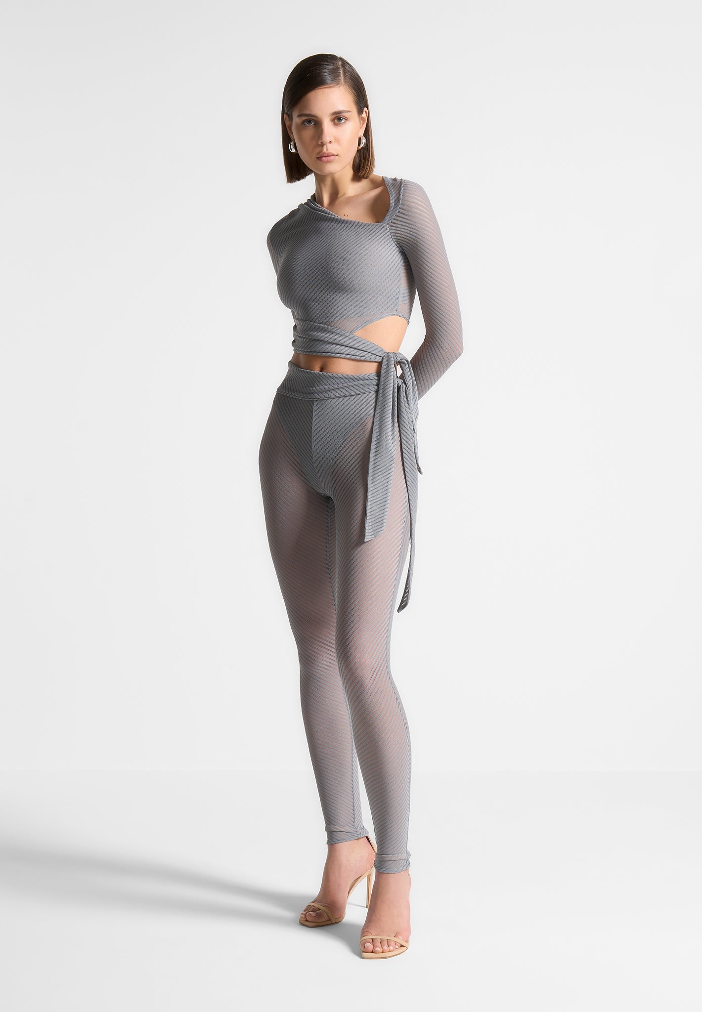 Ribbed Sheer Leggings with Tie - Grey