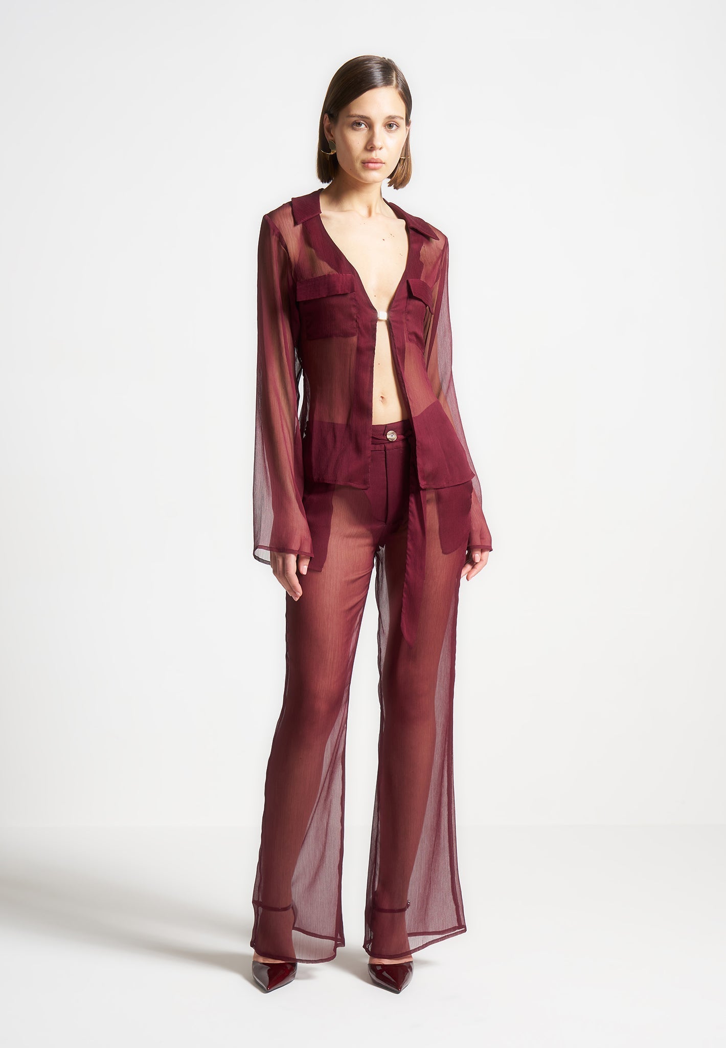 Sheer Shirt with Clasp - Wine Red