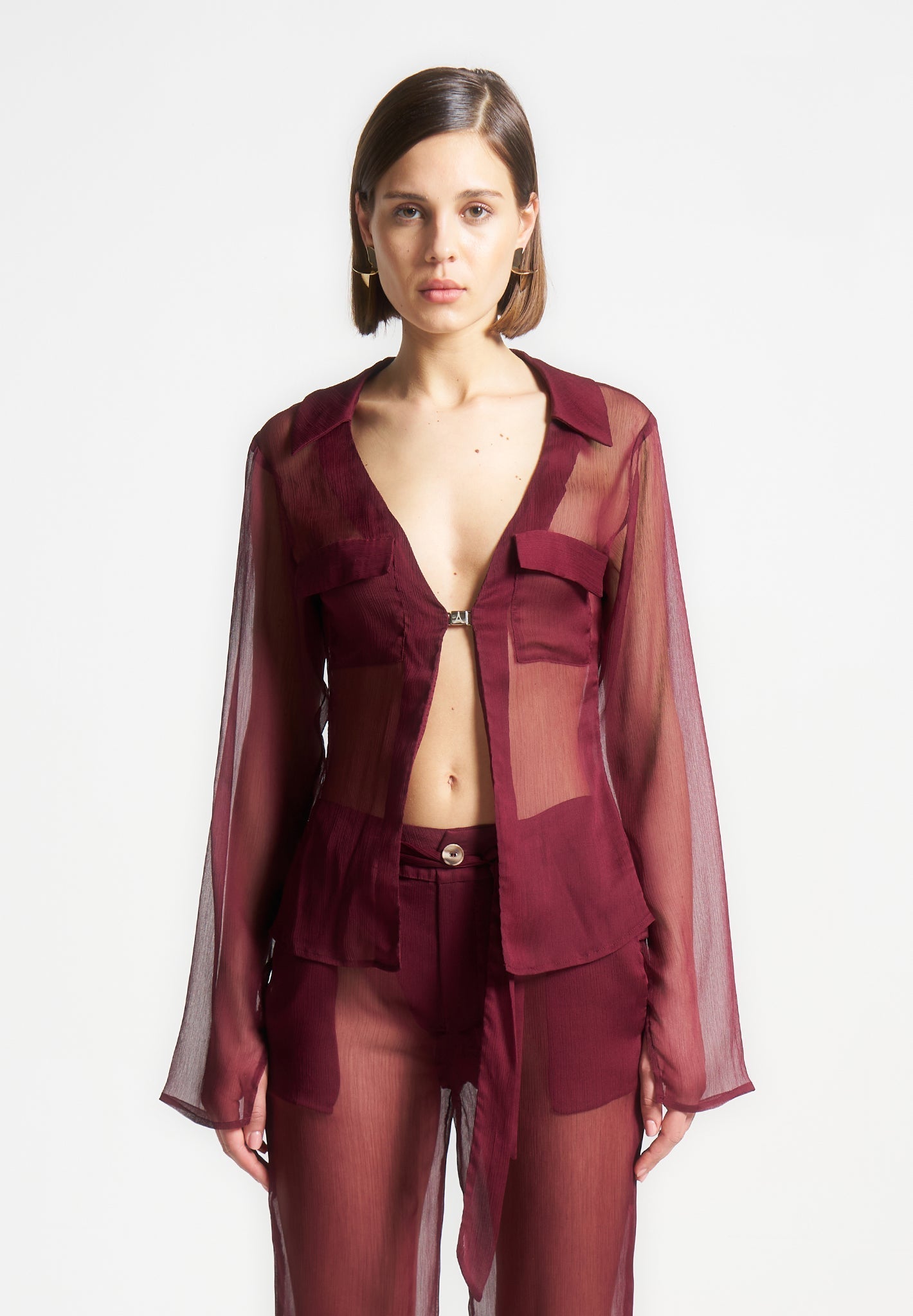 Sheer Shirt with Clasp - Wine Red