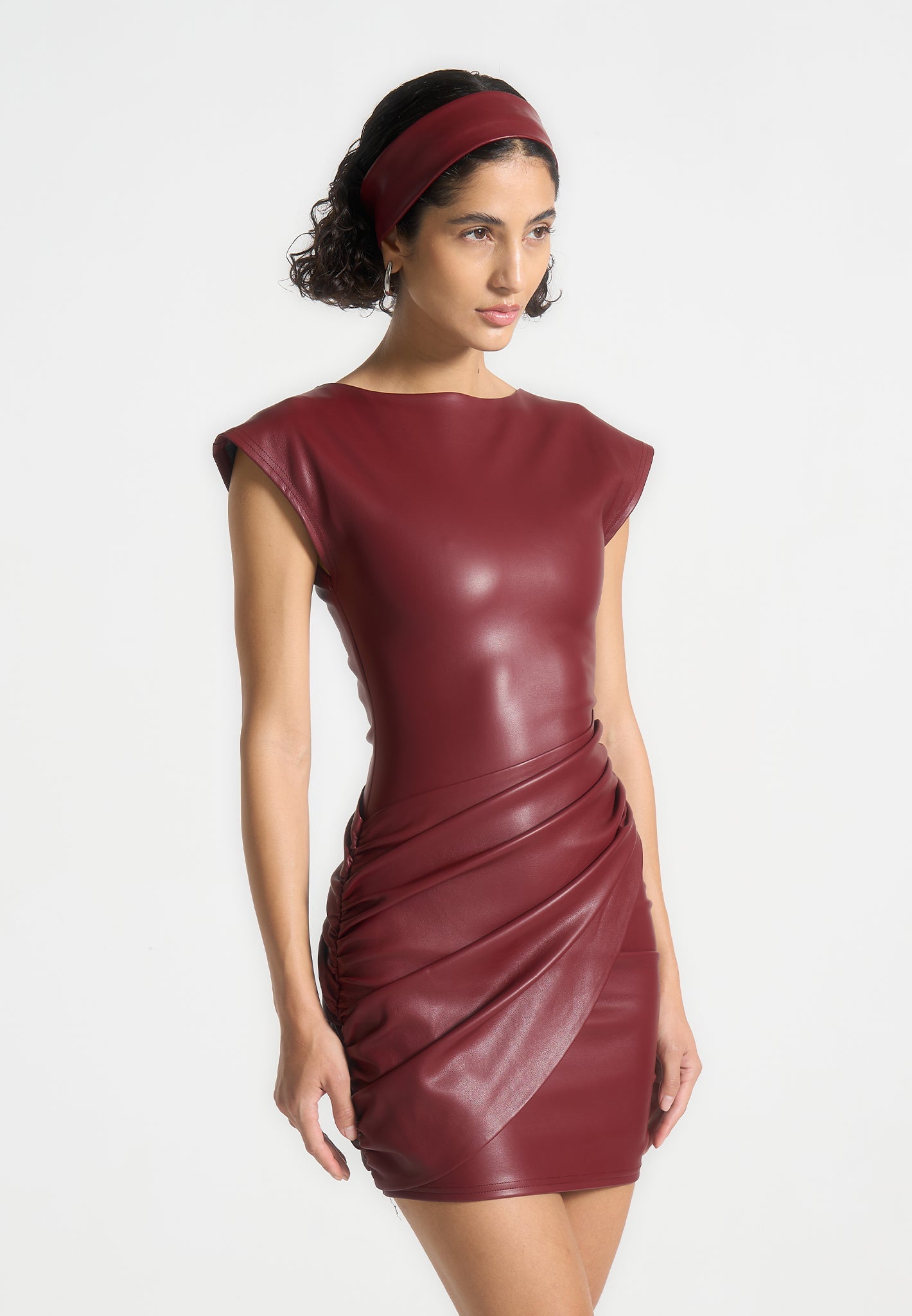 Leather Gathered Dress - Wine Red