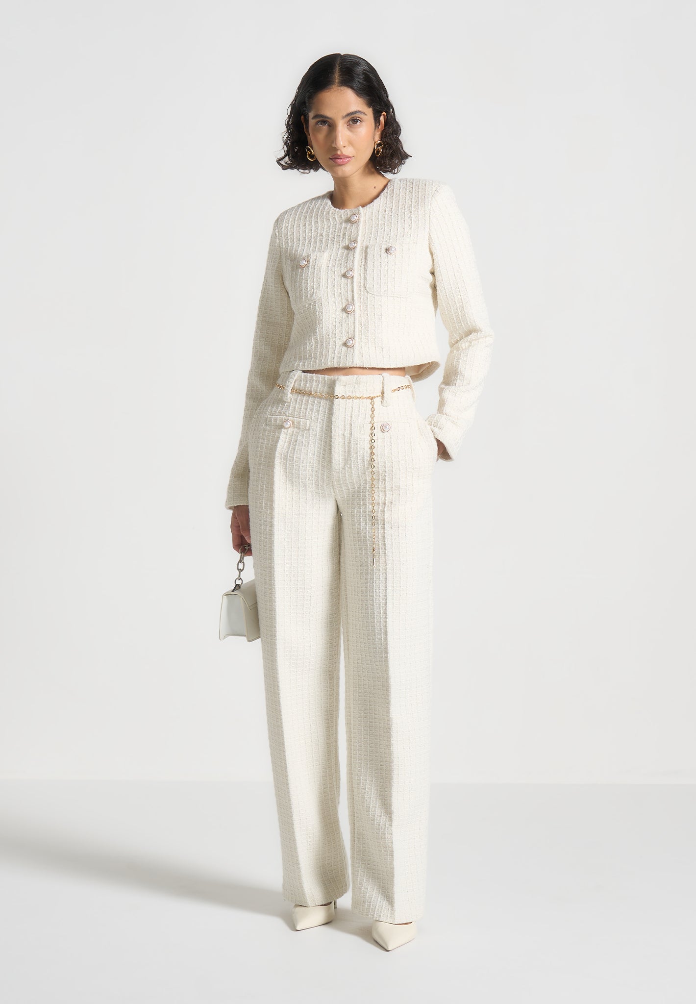 Tweed Trousers with Belt - Cream