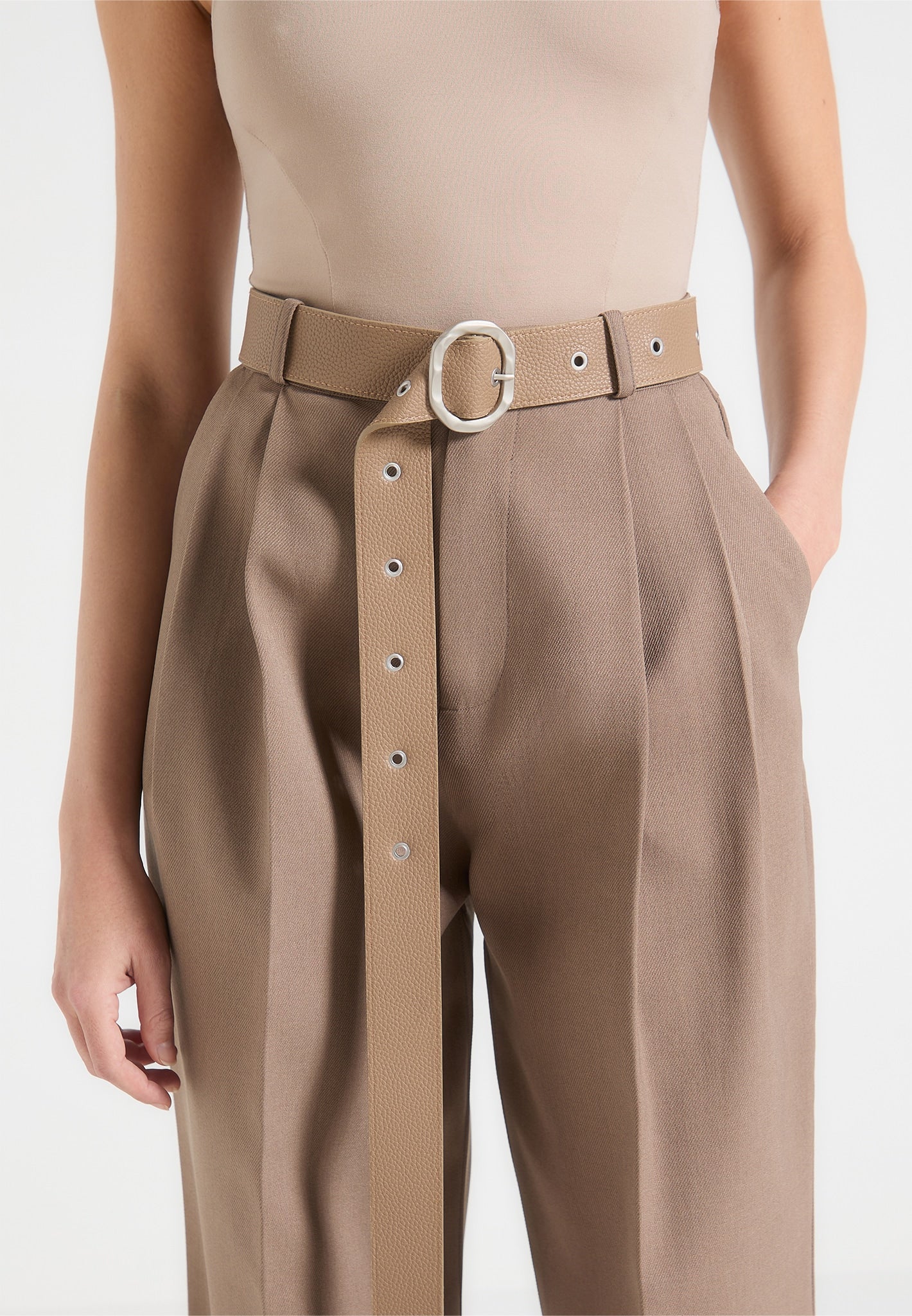 Tailored Trousers with Oversized Belt and Ankle Ties - Taupe