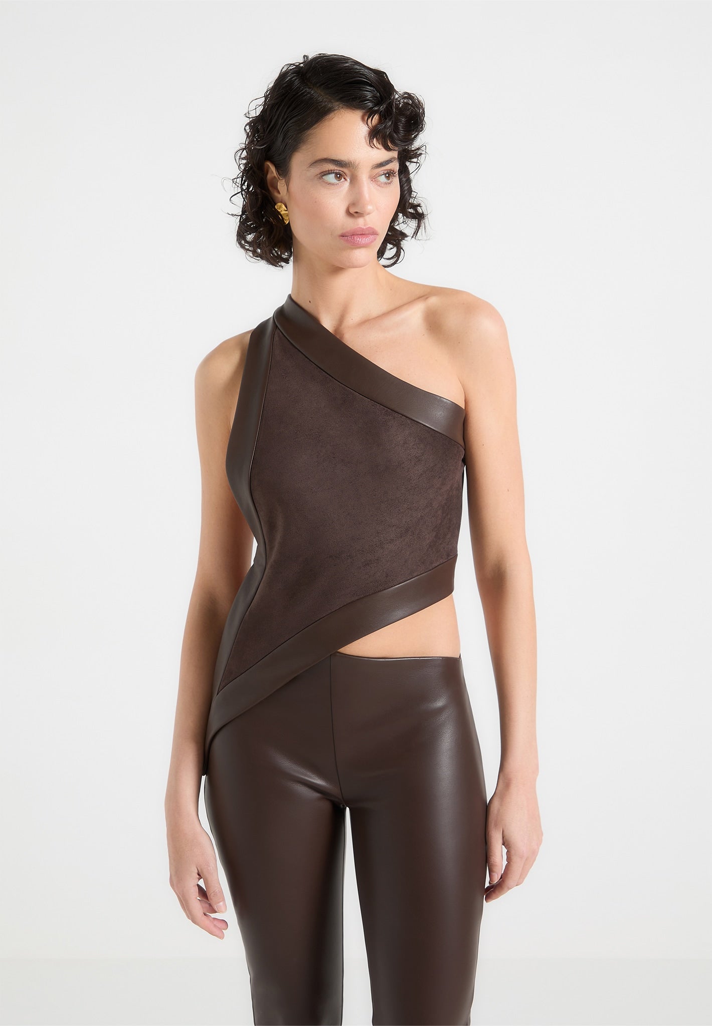 Suede & Leather Asymmetric Backless Top - Brown