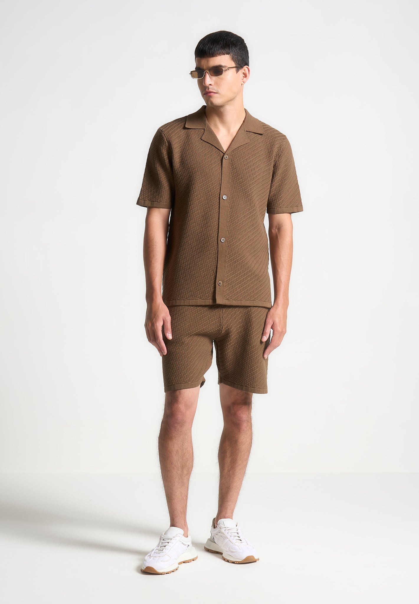 Herringbone Knit Revere Shirt - Brown
