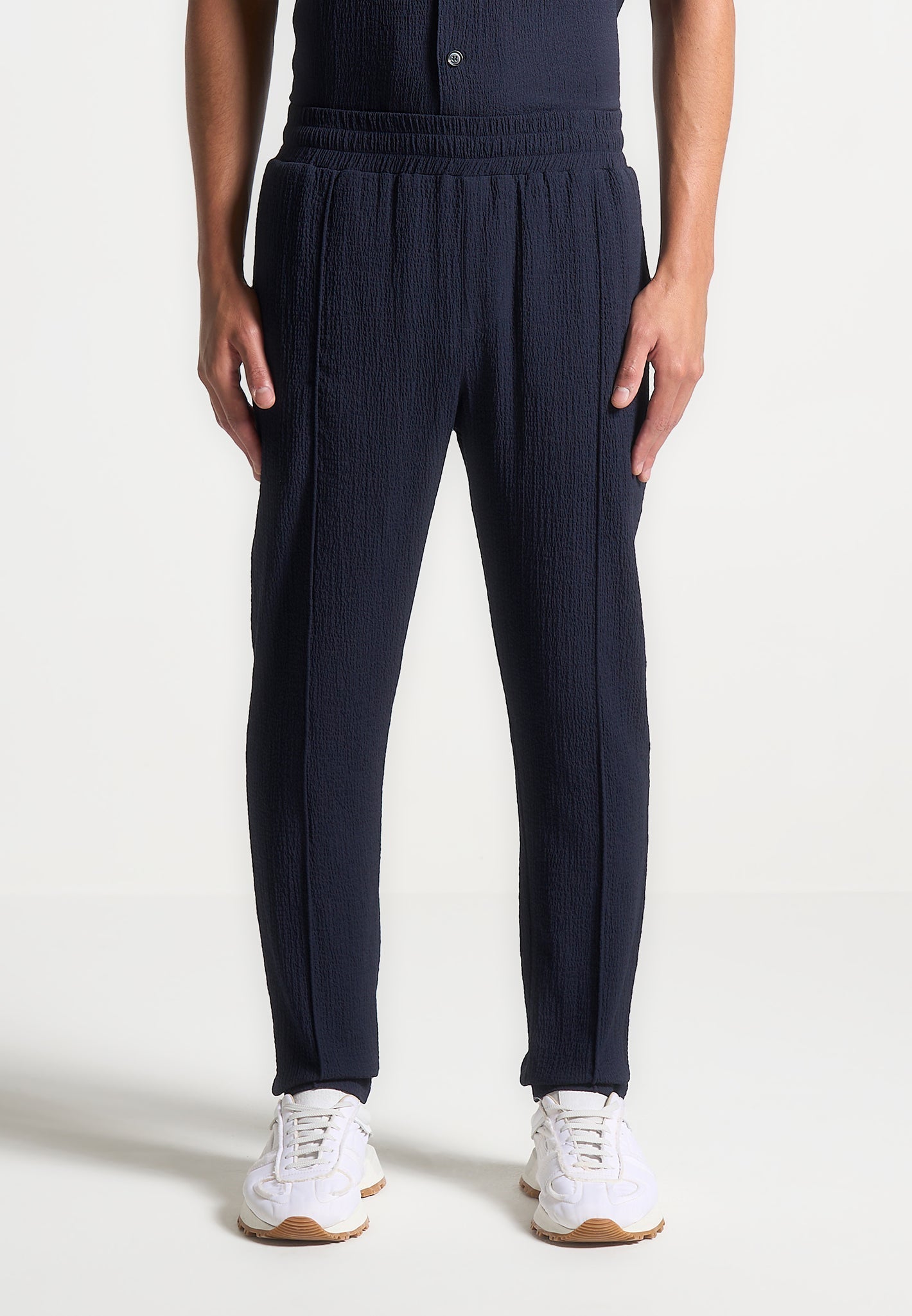 Seersucker Tapered Trousers - Navy