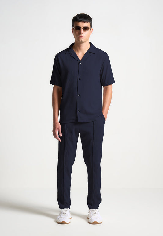 Seersucker Tapered Trousers - Navy